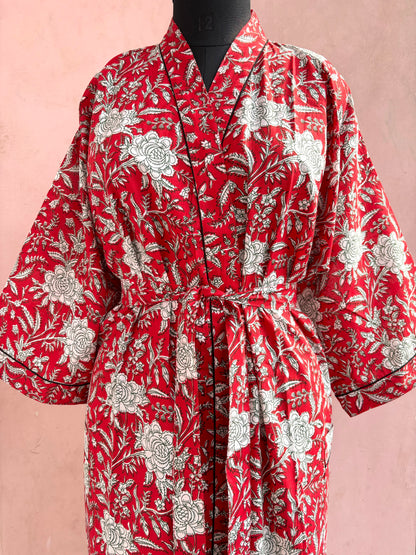 Scarlet Blossom Cotton Kimono Robe