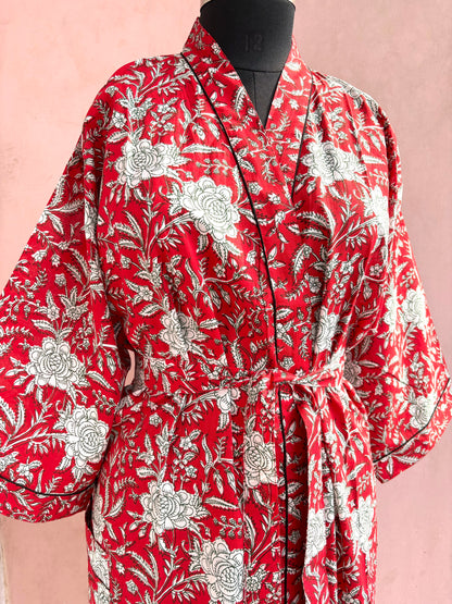 Scarlet Blossom Cotton Kimono Robe