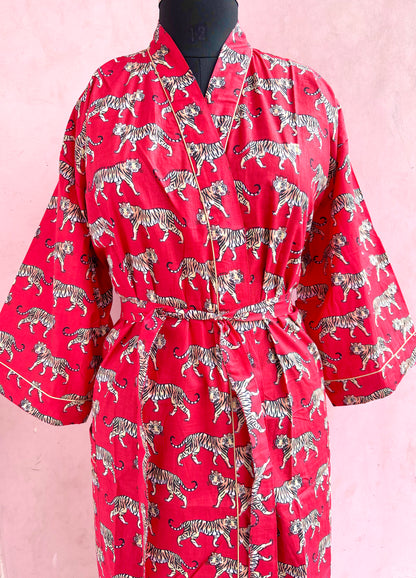 Scarlet Leopard Cotton Kimono Robe