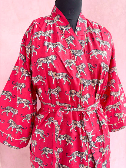 Scarlet Leopard Cotton Kimono Robe