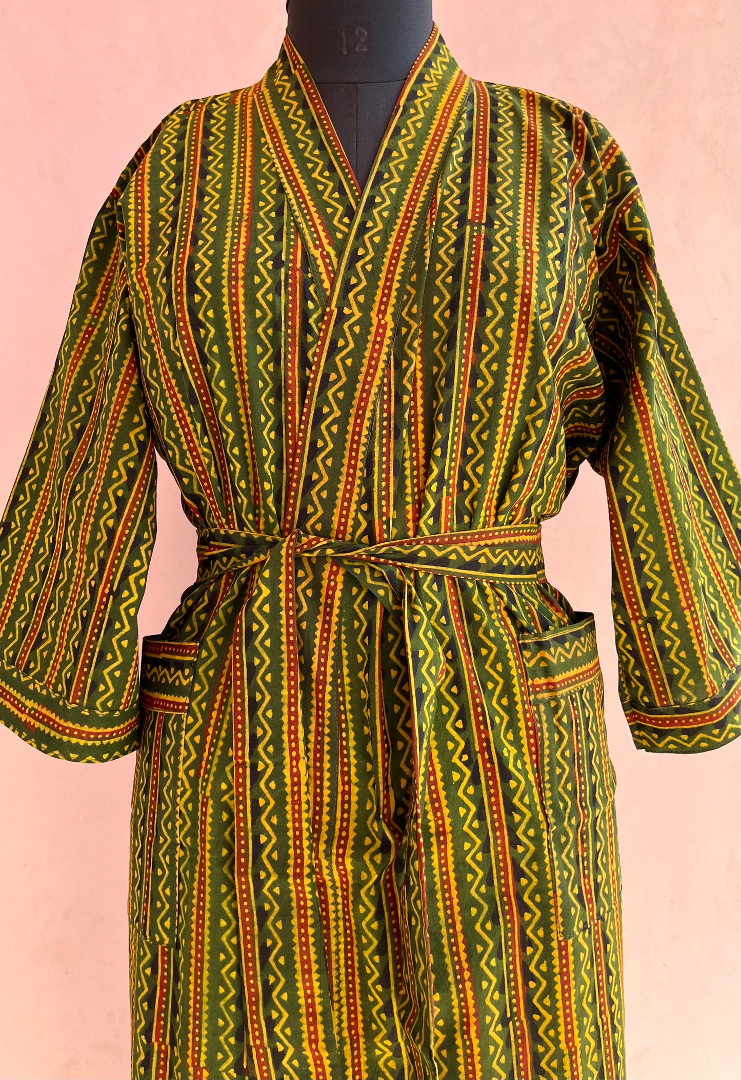 Verdant Harmony Handblock Print Natural Dye Kimono Robe