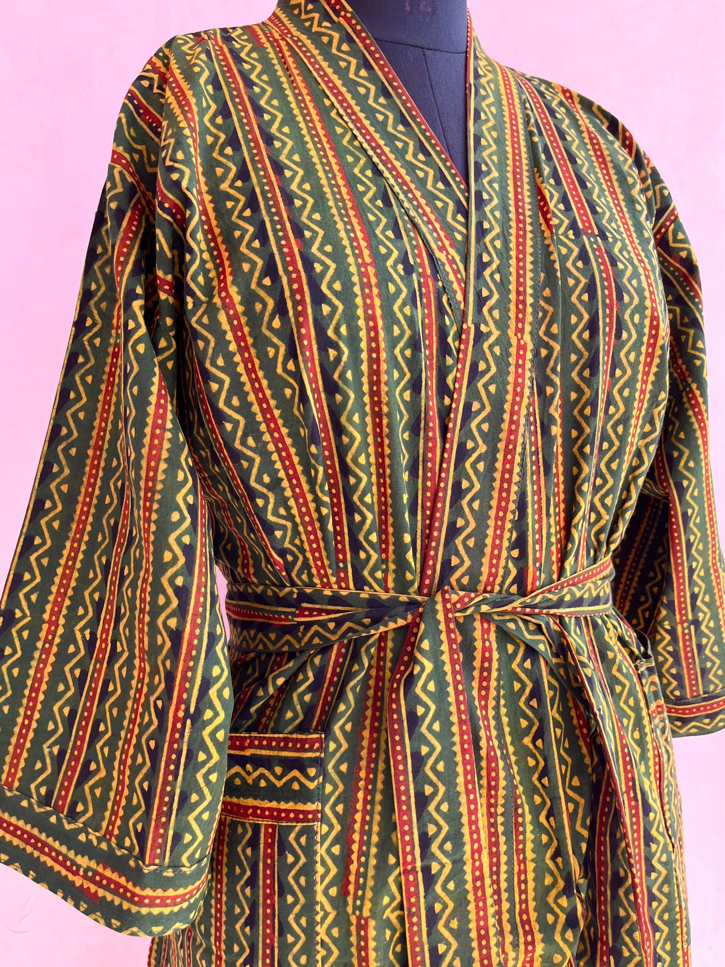 Verdant Harmony Handblock Print Natural Dye Kimono Robe