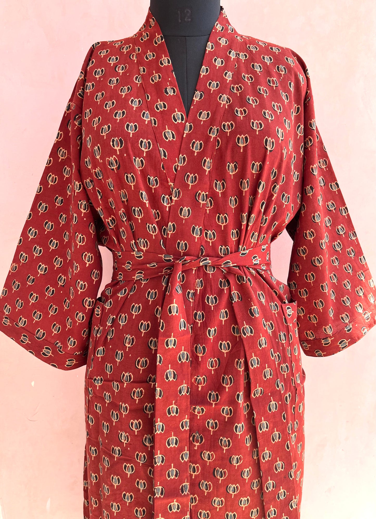 Scarlett Splendor Handblock Print Natural Dye Kimono Robe