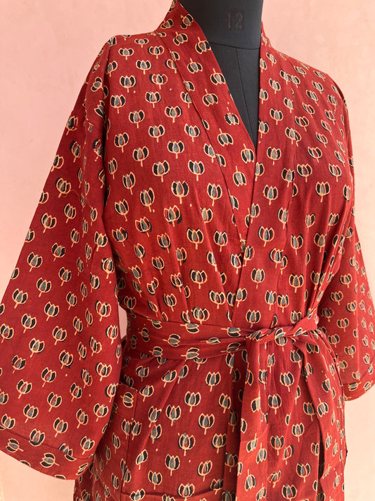 Scarlett Splendor Handblock Print Natural Dye Kimono Robe