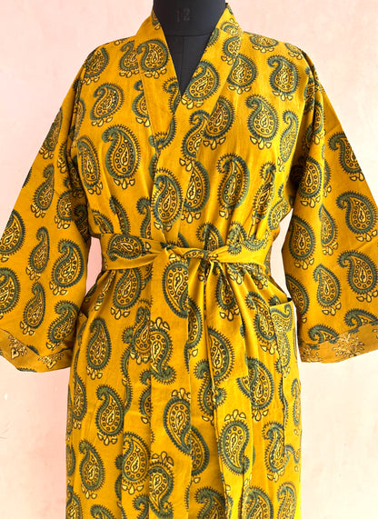 Turmeric Tango Handblock Print Natural Dye Kimono Robe