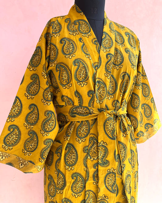 Turmeric Tango Handblock Print Natural Dye Kimono Robe