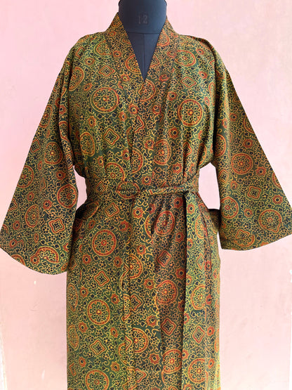 Henna Handblock Print Natural Dye Kimono Robe