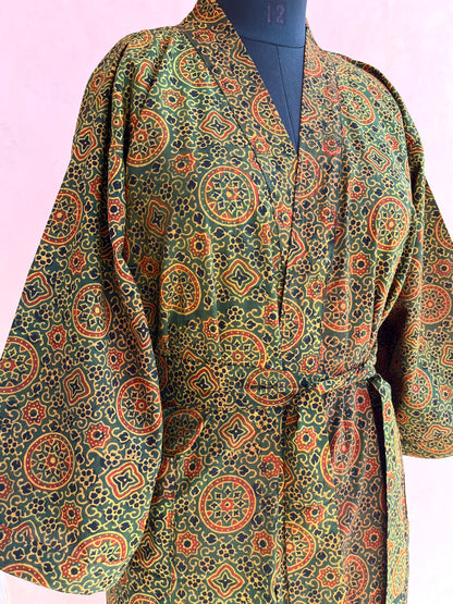 Henna Handblock Print Natural Dye Kimono Robe