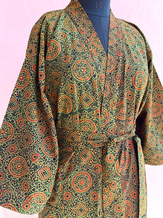 Henna Handblock Print Natural Dye Kimono Robe