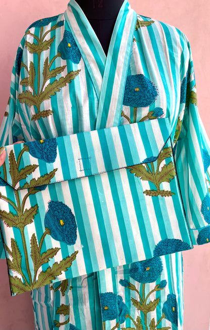 Sea Green Stripes Cotton Kimono Robe