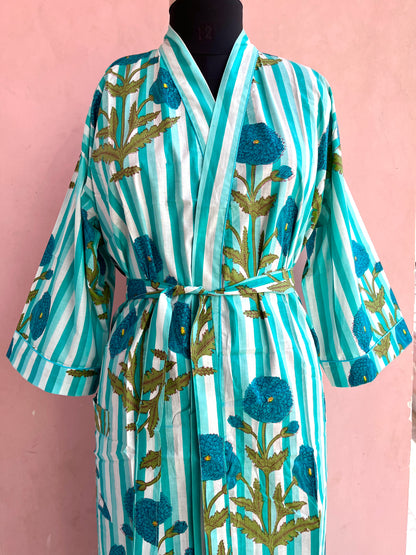 Sea Green Stripes Cotton Kimono Robe