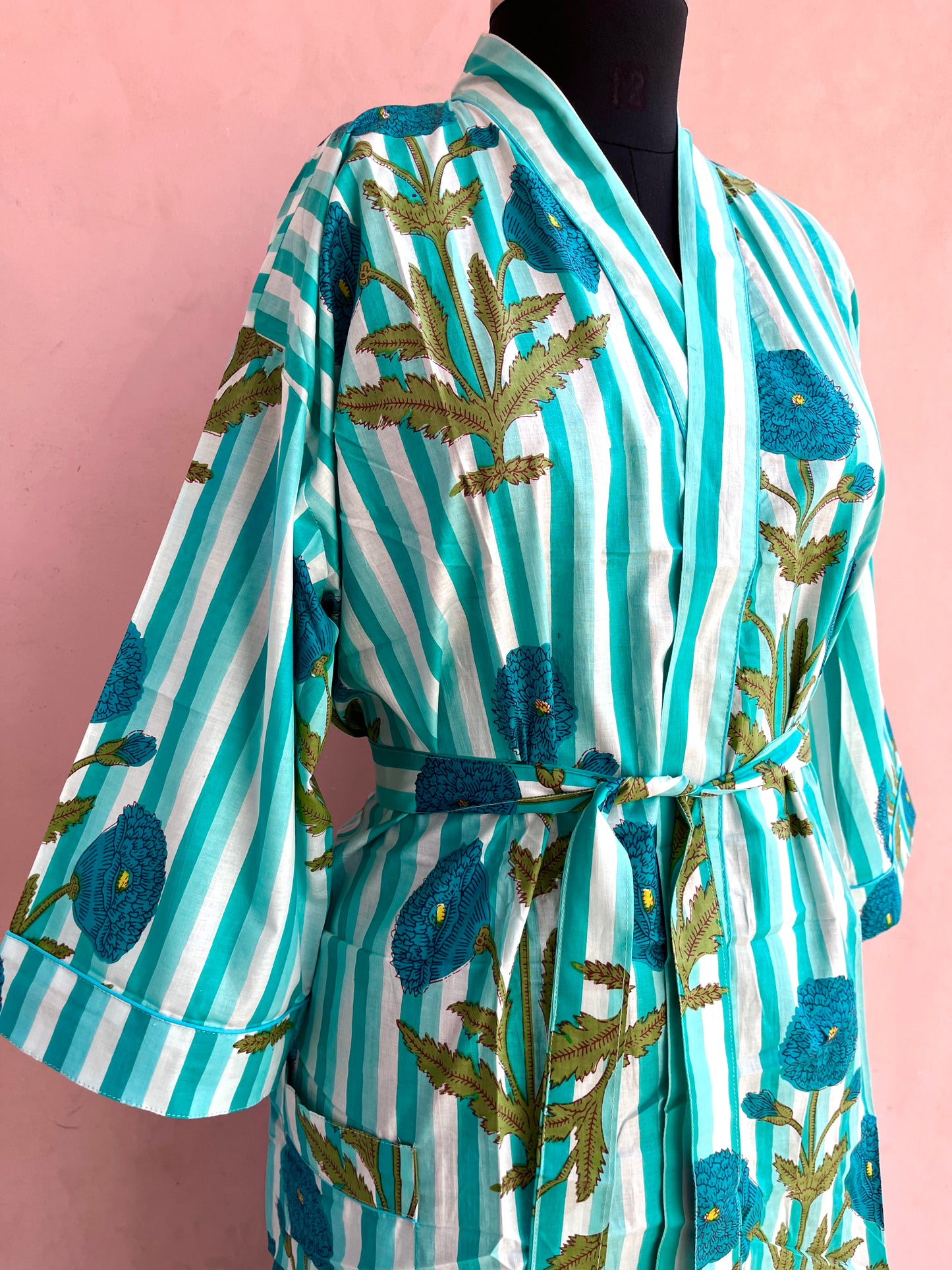 Sea Green Stripes Cotton Kimono Robe