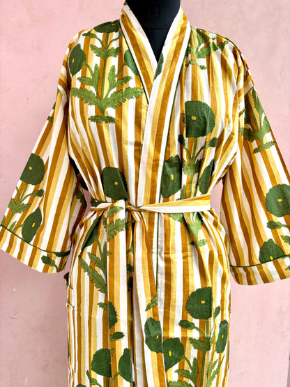 Mustard Stripes Cotton Kimono Robe