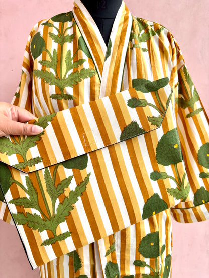 Mustard Stripes Cotton Kimono Robe