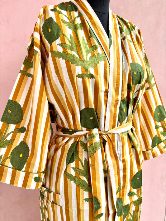 Mustard Stripes Cotton Kimono Robe