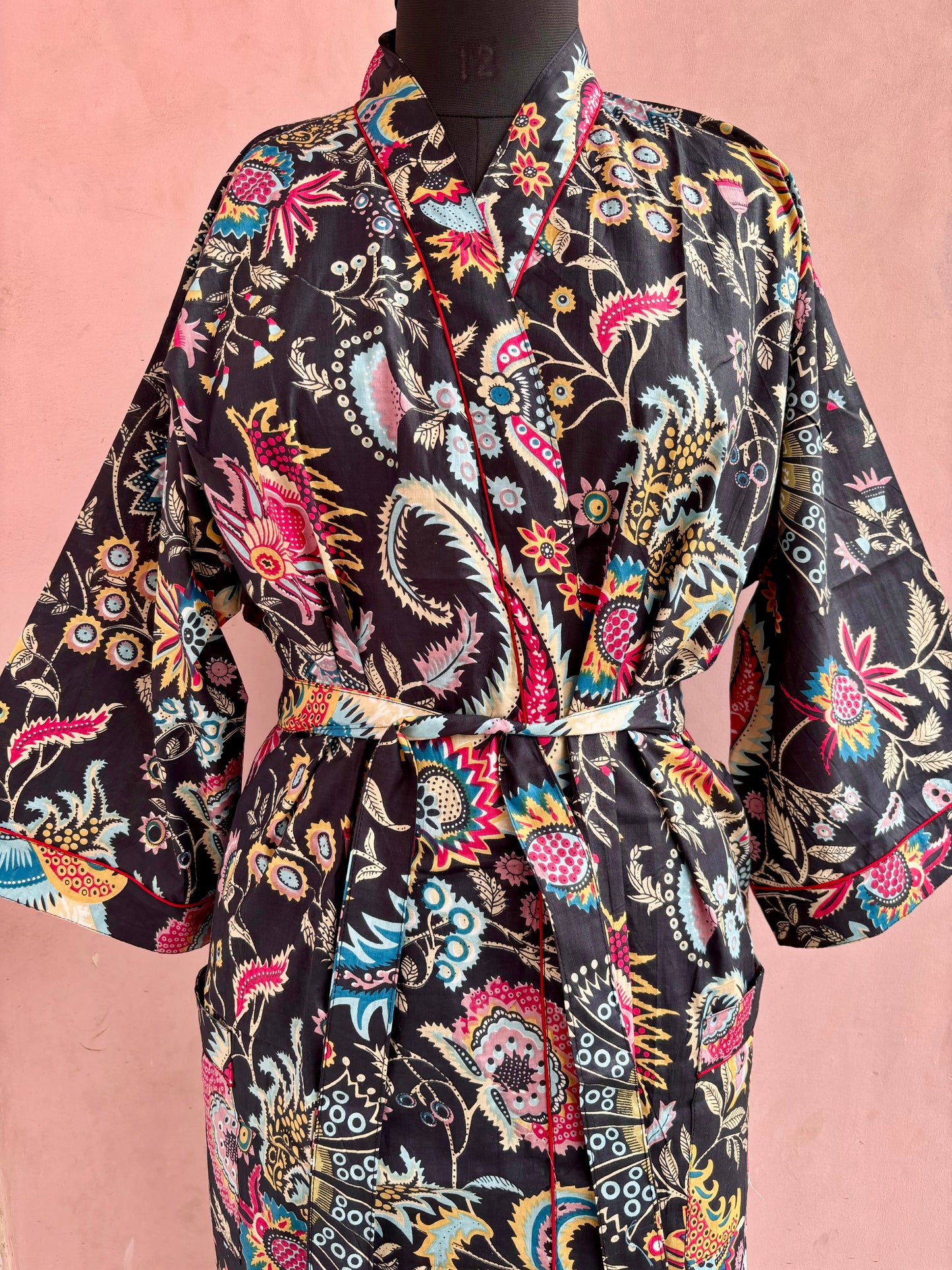 Black Peonies Cotton Kimono Robe