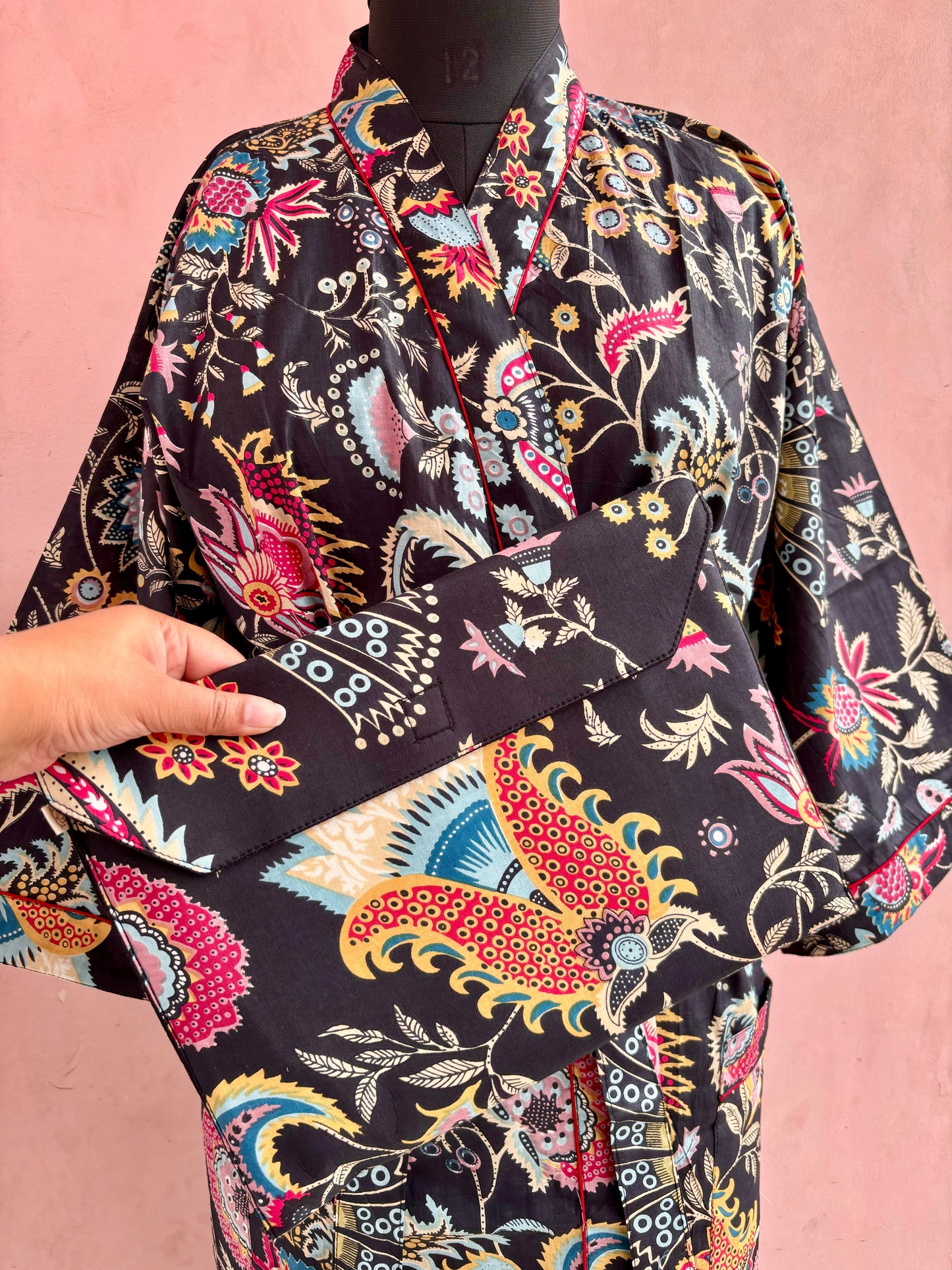 Black Peonies Cotton Kimono Robe