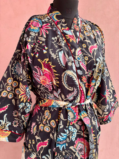 Black Peonies Cotton Kimono Robe