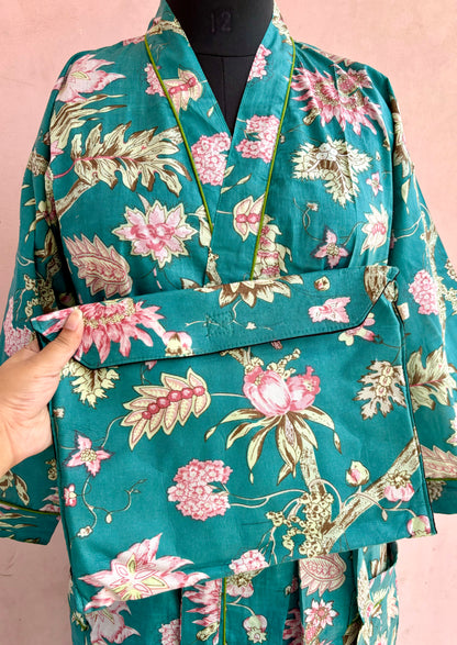 Teal Blossom Cotton Kimono Robe