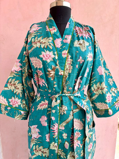 Teal Blossom Cotton Kimono Robe