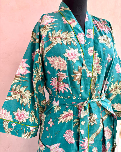 Teal Blossom Cotton Kimono Robe