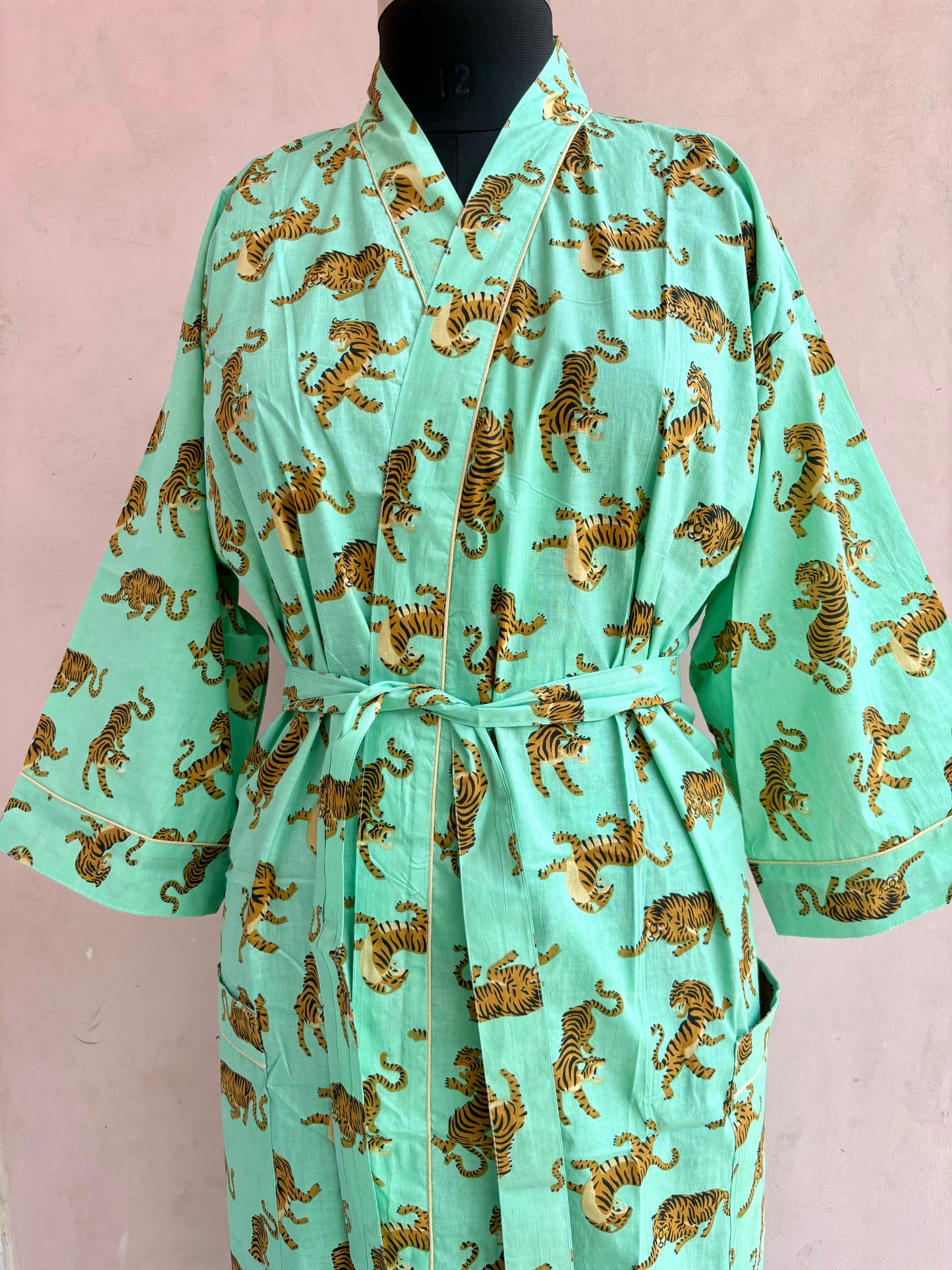 Mint Leopard Cotton Kimono Robe