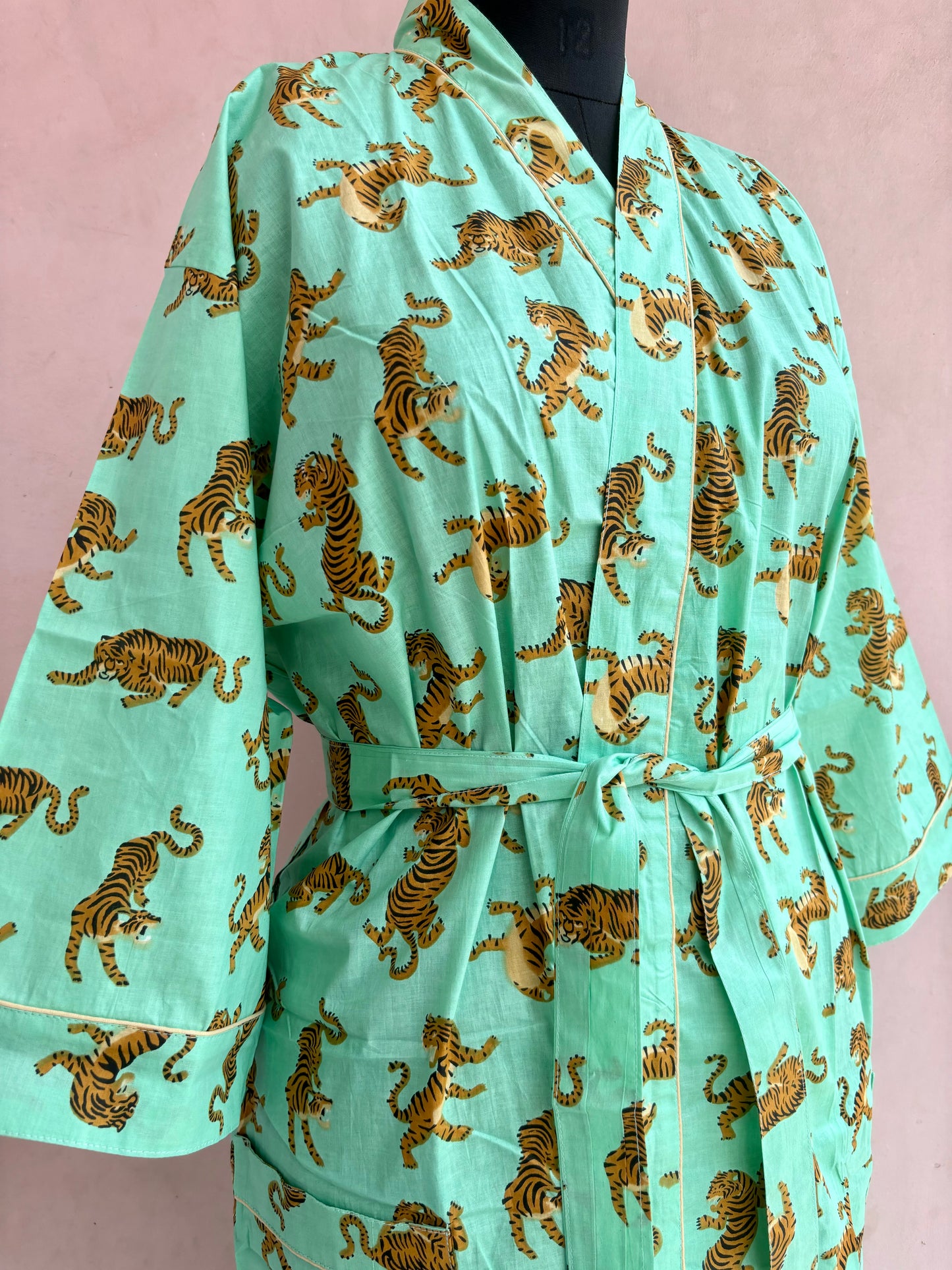 Mint Leopard Cotton Kimono Robe