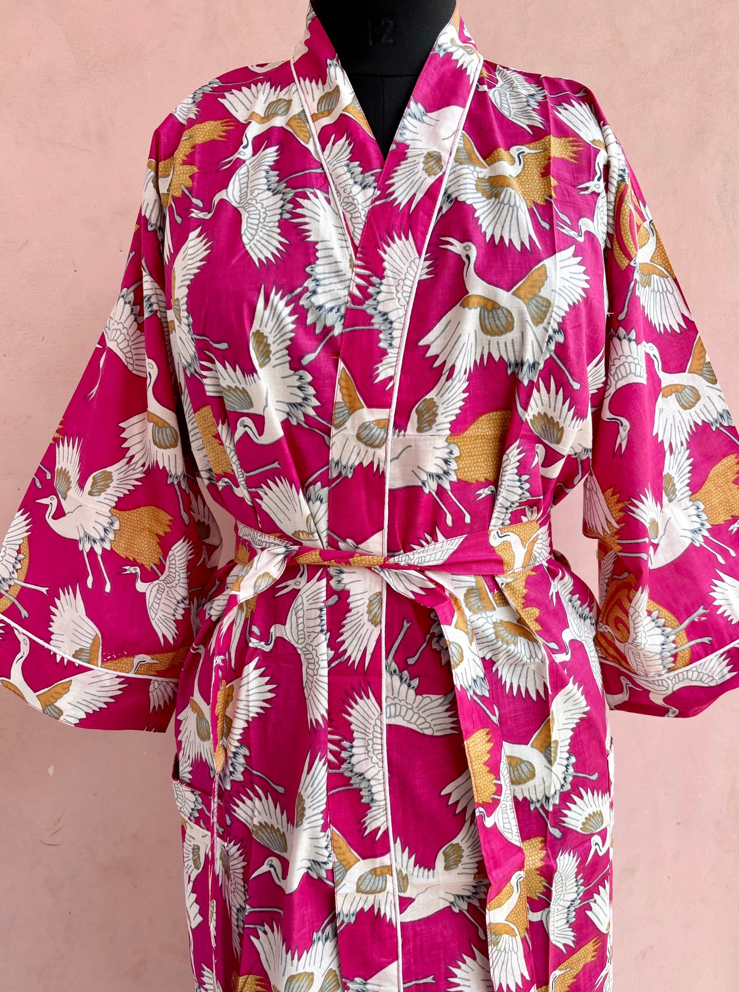 Fuchsia Japanese Crane Cotton Kimono Robe