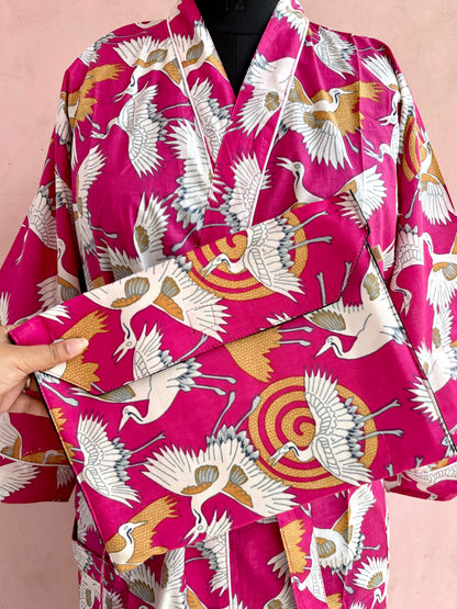 Fuchsia Japanese Crane Cotton Kimono Robe