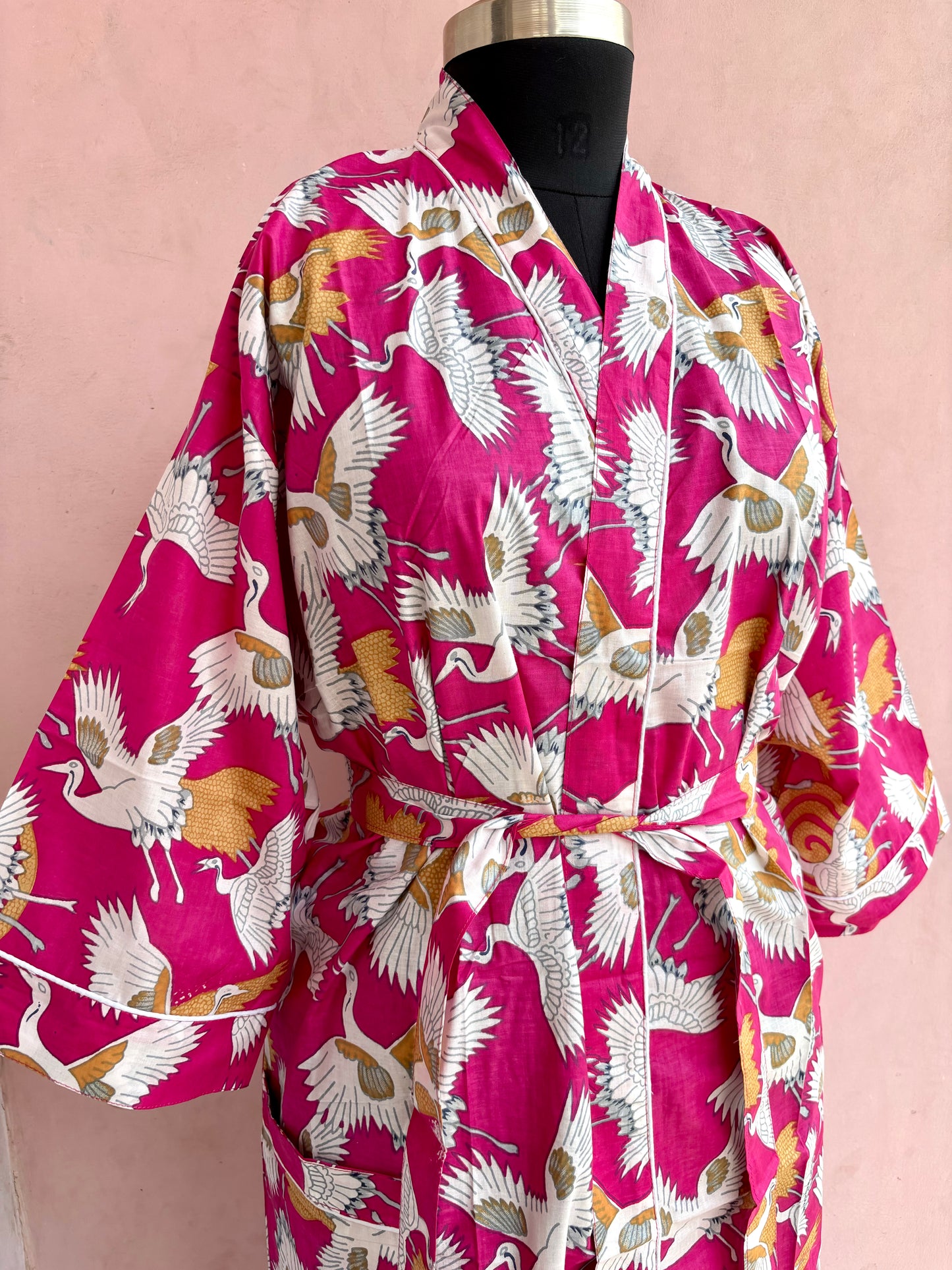 Fuchsia Japanese Crane Cotton Kimono Robe