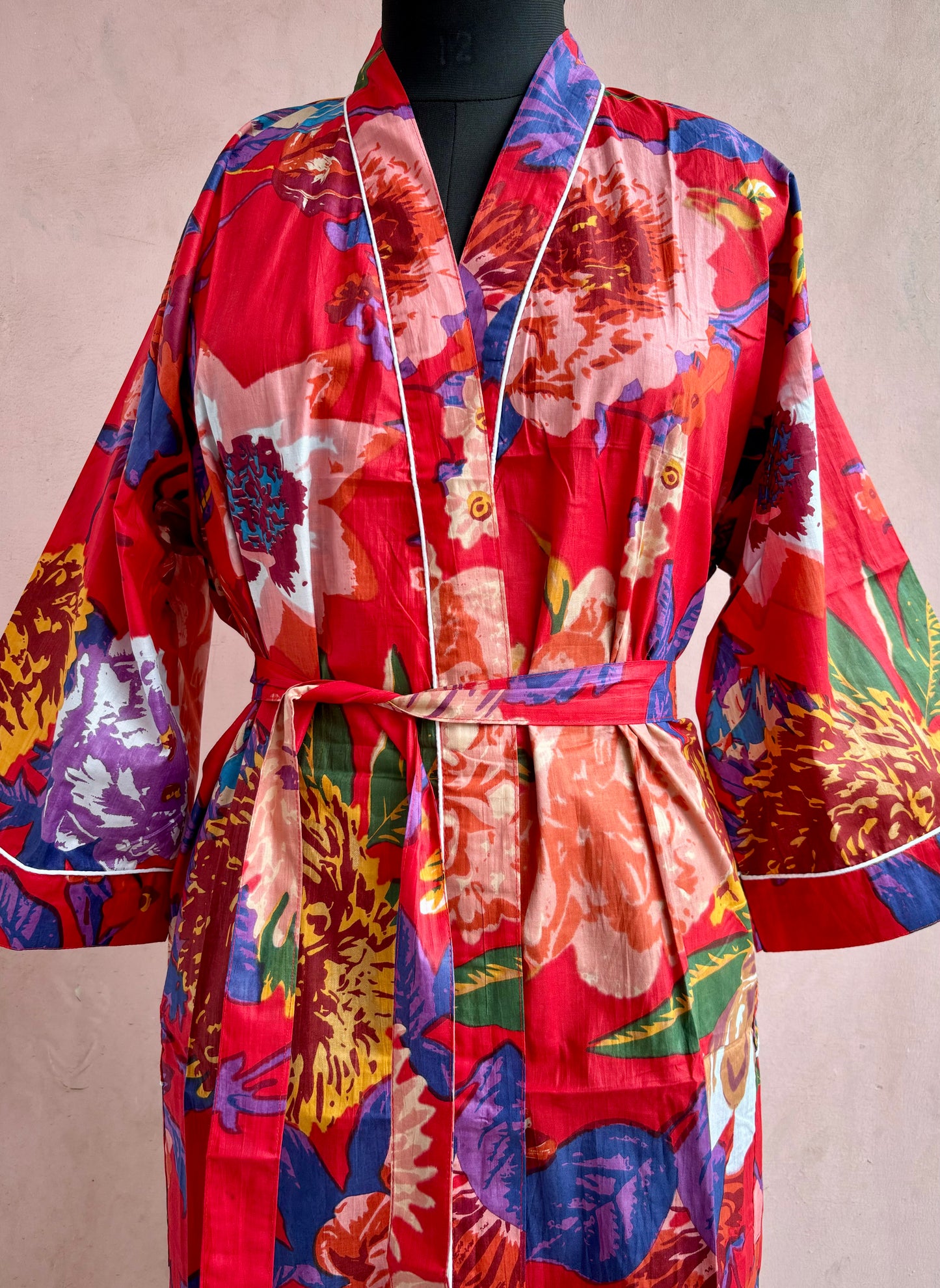 Red Floral Cotton Kimono Robe