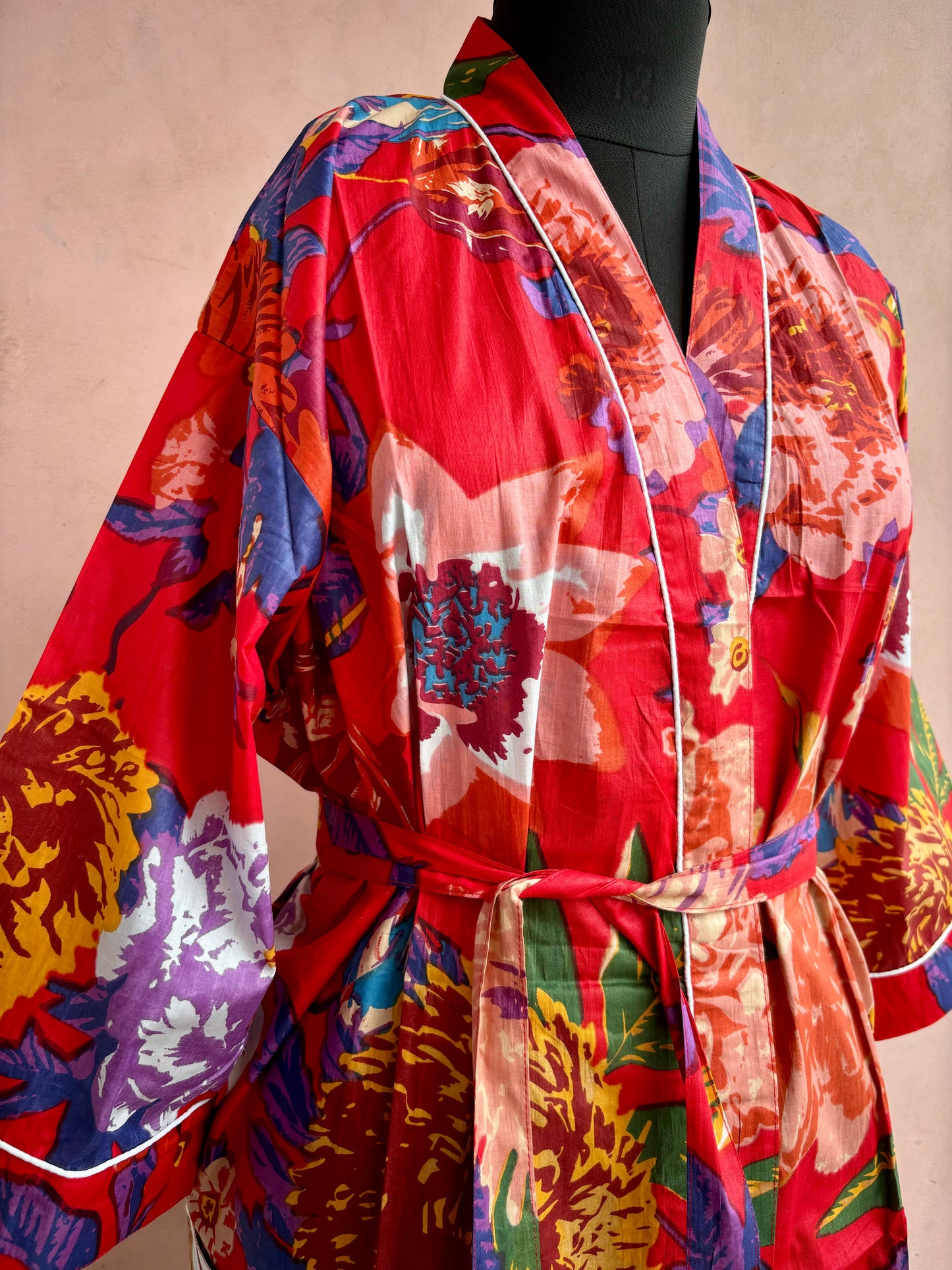 Red Floral Cotton Kimono Robe