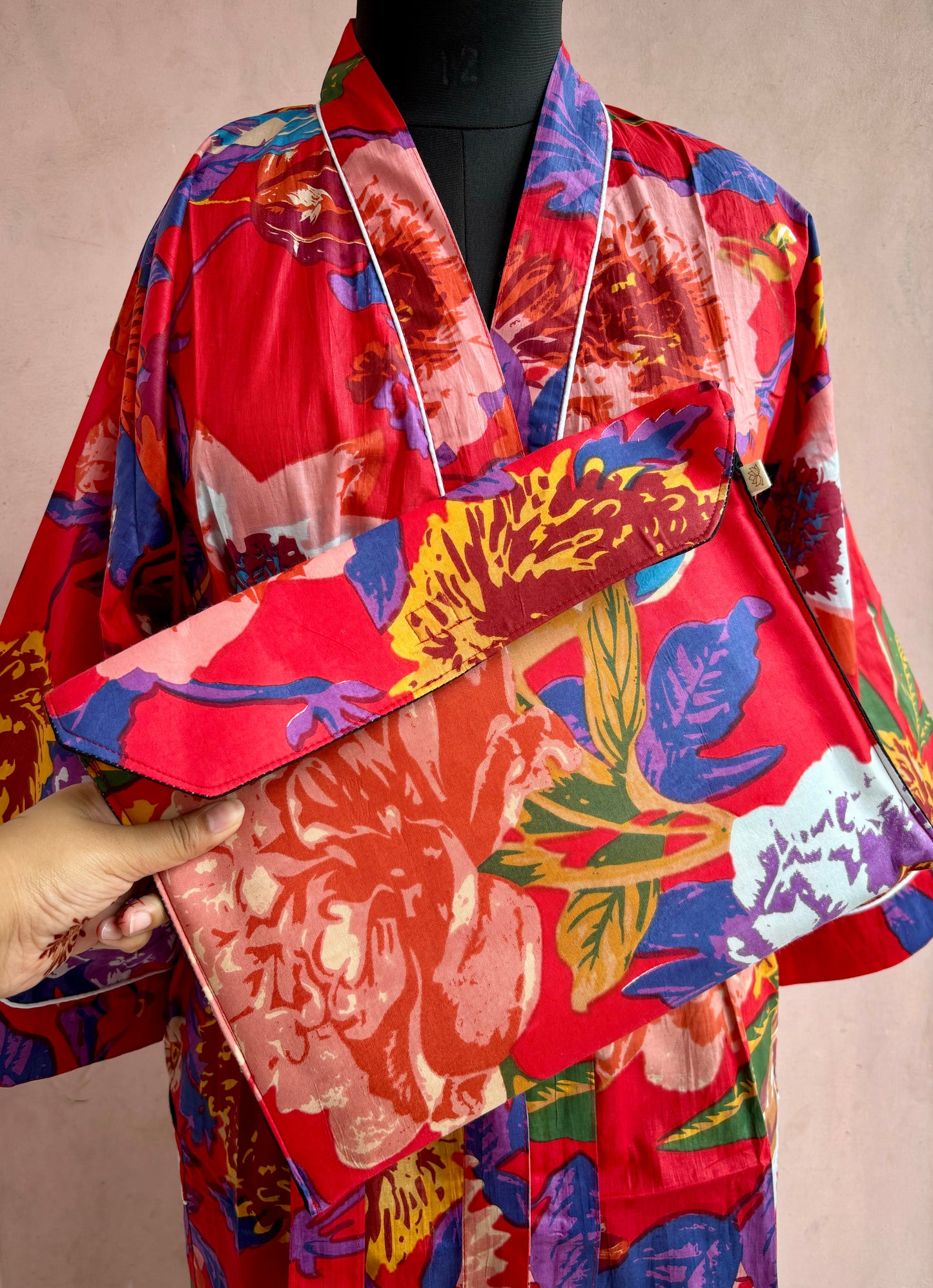 Red Floral Cotton Kimono Robe