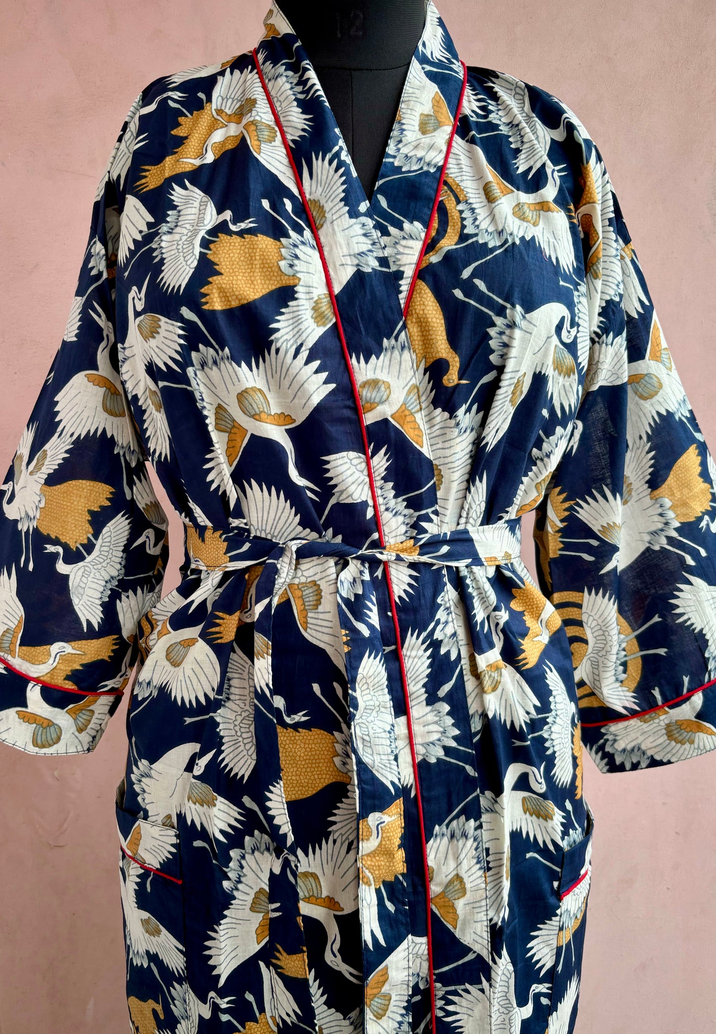 Midnight Crane Cotton Kimono Robe