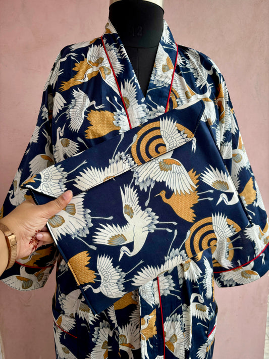 Midnight Crane Cotton Kimono Robe