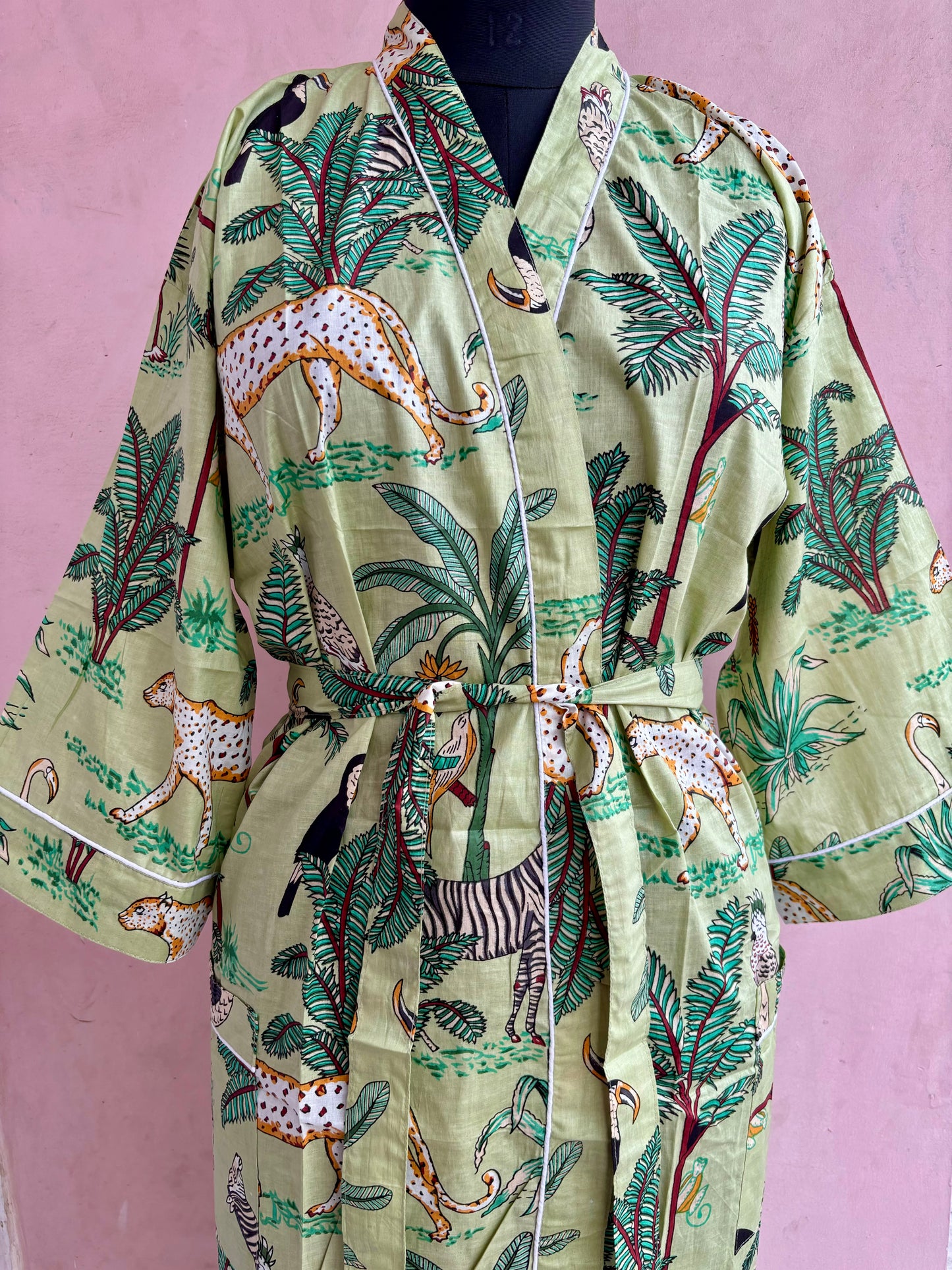 Pistachio Jungle Cotton Kimono Robe