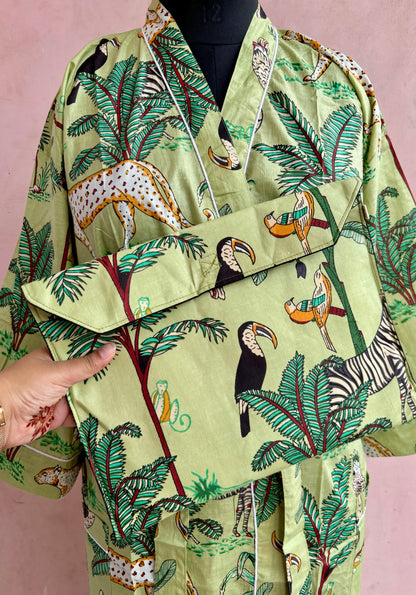 Pistachio Jungle Cotton Kimono Robe