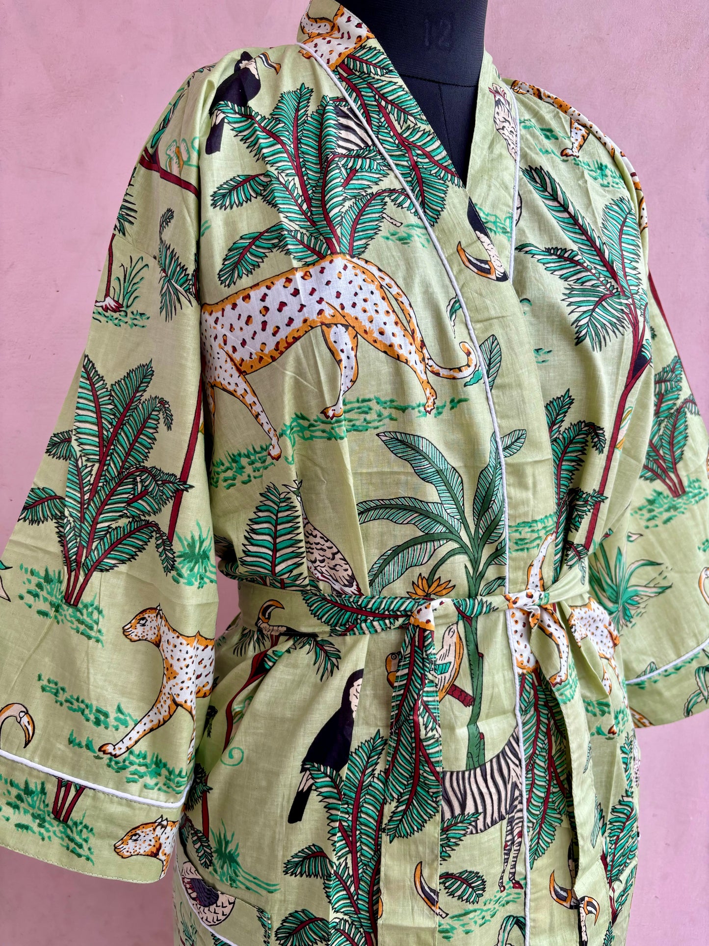 Pistachio Jungle Cotton Kimono Robe