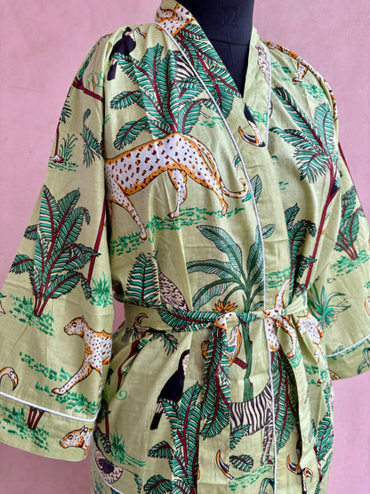 Pistachio Jungle Cotton Kimono Robe