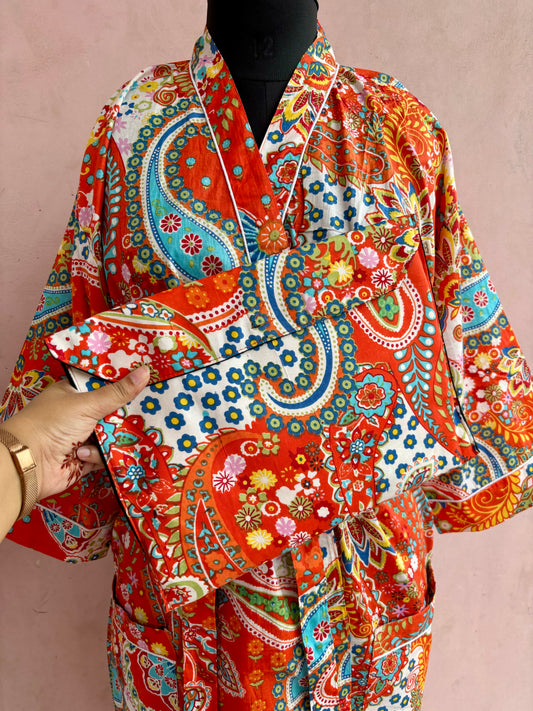 Orange Paisley Garden Cotton Kimono Robe