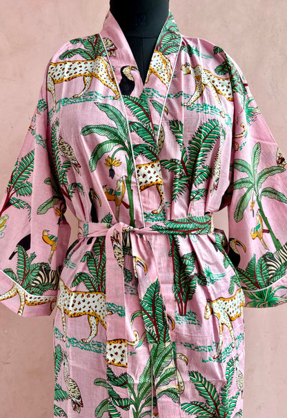 Baby Pink Jungle Cotton Kimono Robe