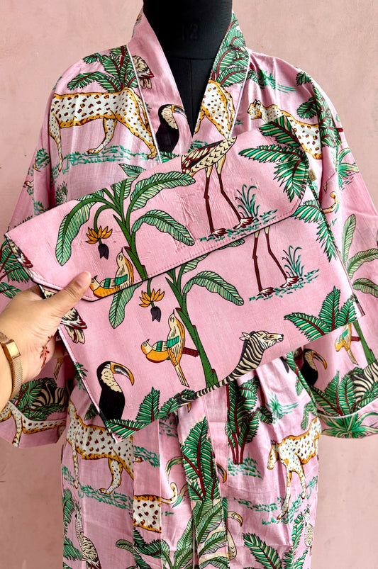 Baby Pink Jungle Cotton Kimono Robe