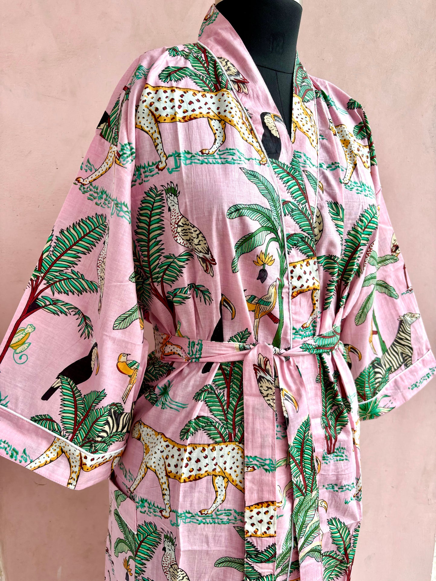 Baby Pink Jungle Cotton Kimono Robe