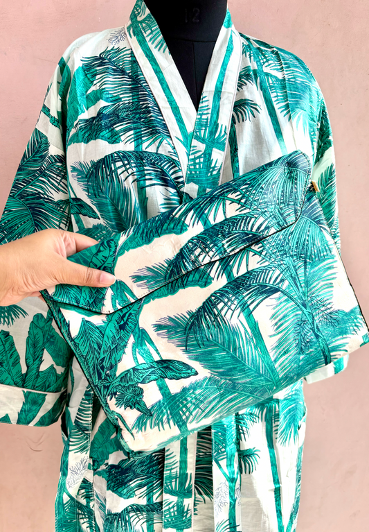 Teal Palm Cotton Kimono Robe