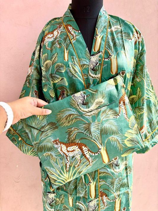 Sage Green Monkey Jungle Cotton Kimono Robe