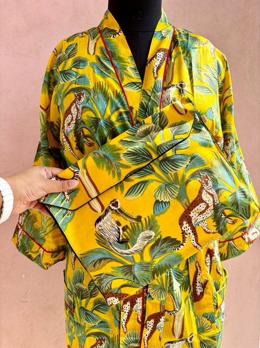 Yellow Monkey Jungle Cotton Kimono Robe