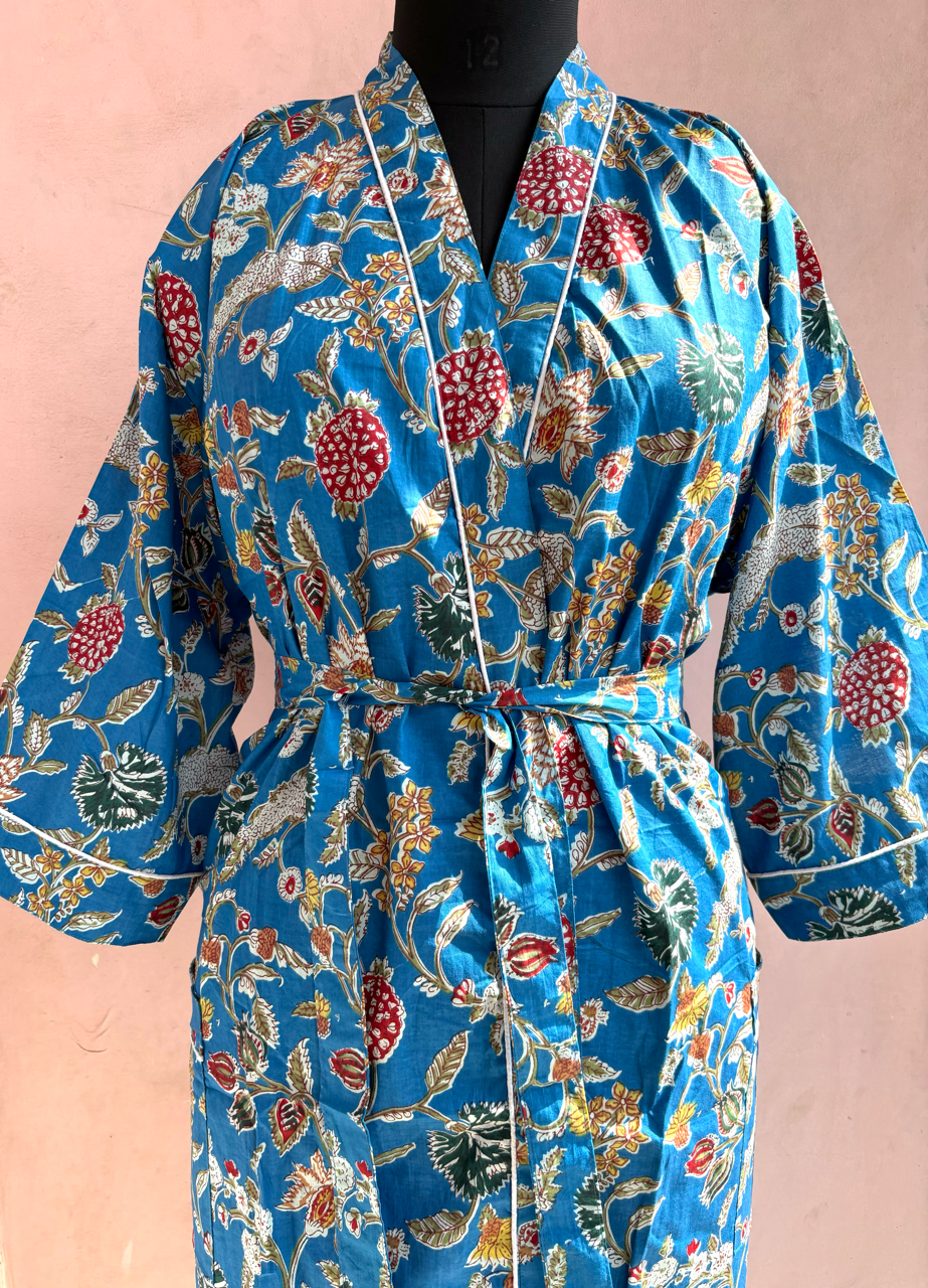 Blue Garden Cotton Kimono Robe