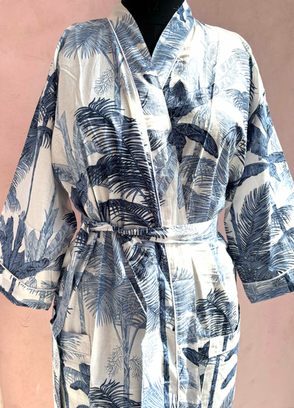 Grey Palm Cotton Kimono Robe