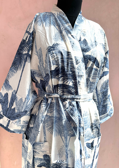 Grey Palm Cotton Kimono Robe