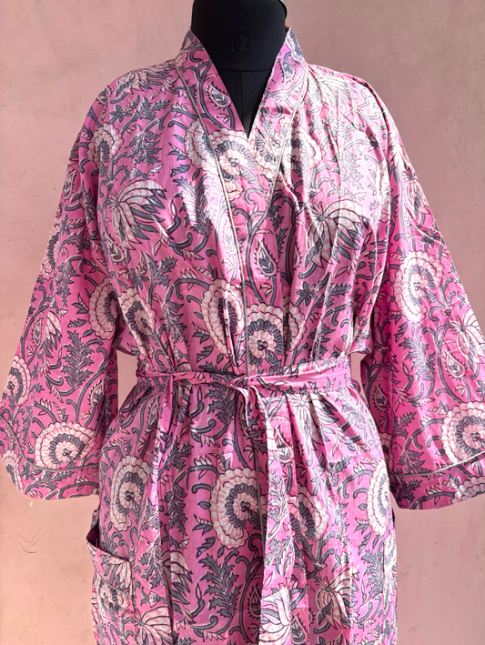 Pink Cotton Kimono Robe